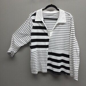 Andrew Marc Sport Shirt Womens 2X White Black Stripe Long Sleeve Polo Top